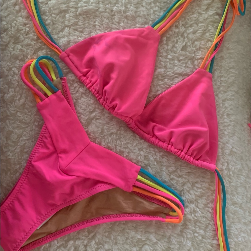 Neon Pink Triangle Bikini with Rainbow Strap Accents